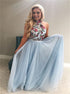 A Line High Neck Sky Blue Tulle Prom Dress with Embroidery LBQ2940